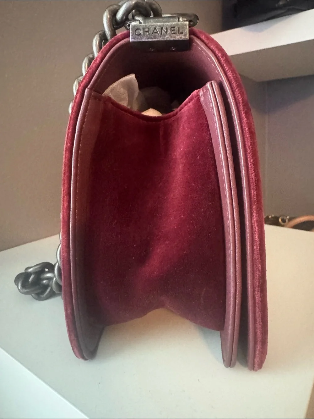 Chanel Velvet Tweed Quilted Medium Boy Flap Burgundy